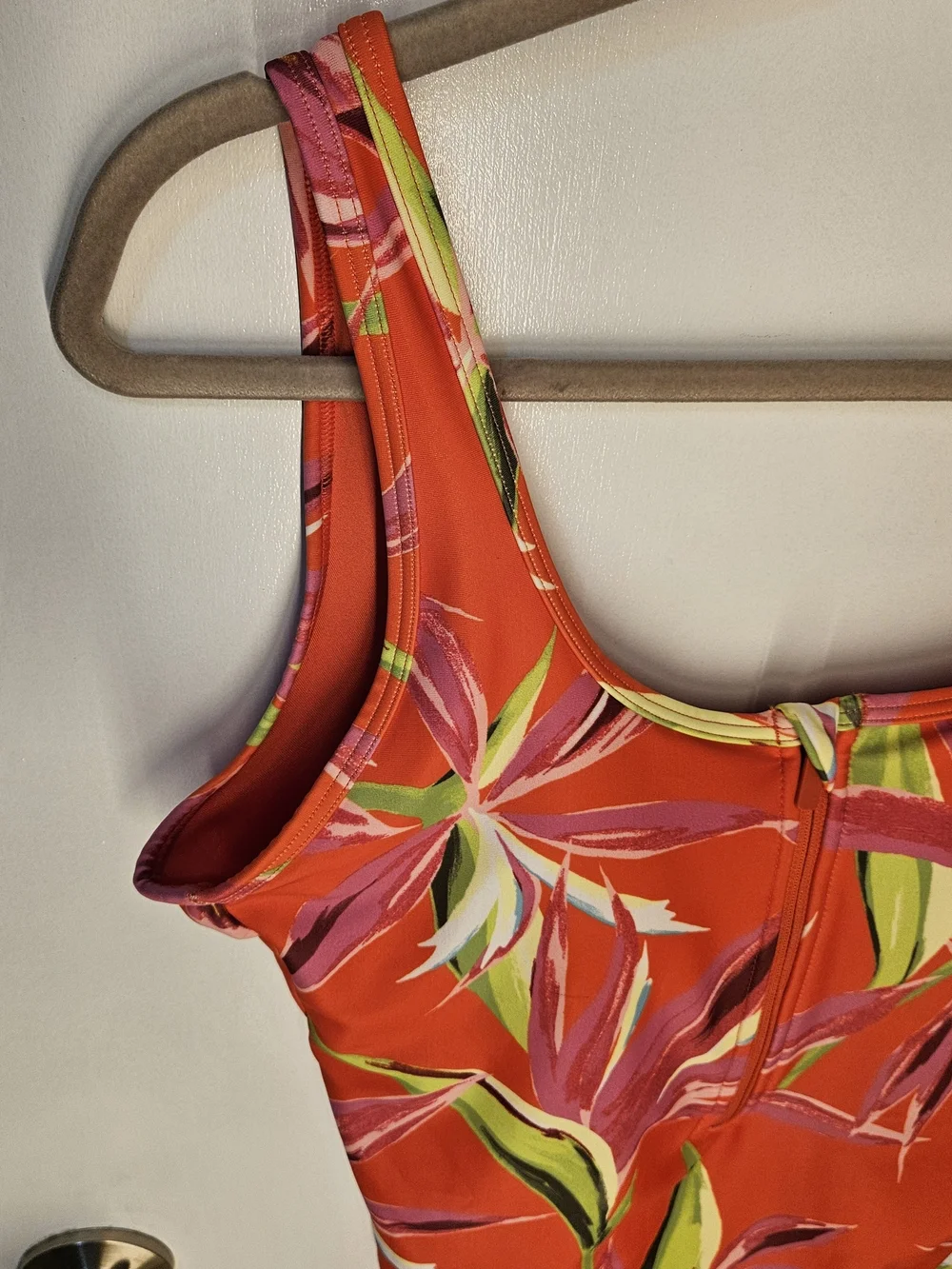Old Navy Women M Regular Orange Tropical Floral One-Piece Swimsuit Zip Front - Picture 2 of 14